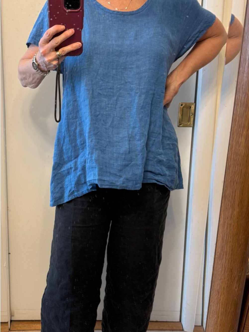 Eileen Fisher Blue Linen Scoop-Neck Short-Sleeve Top